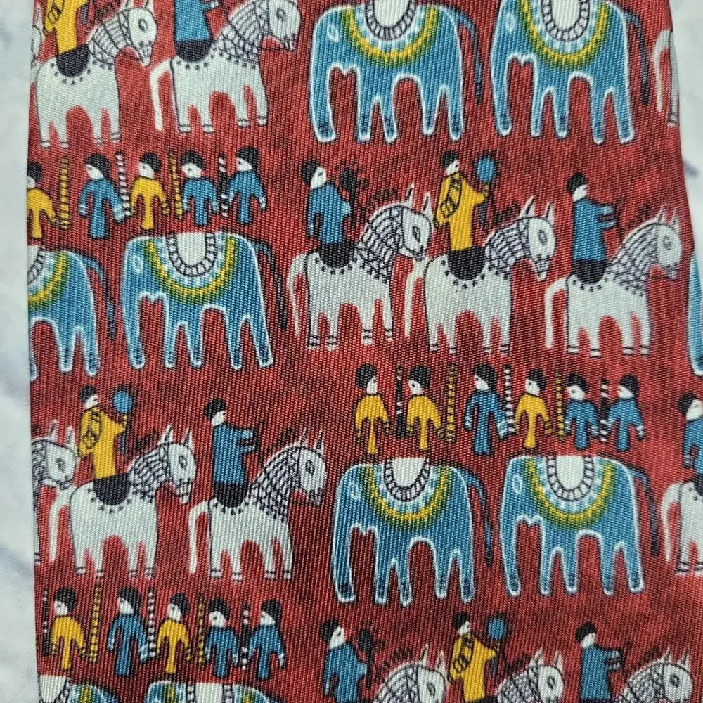 Dunhill Silk Primitive Horse & Elephant Print Tie